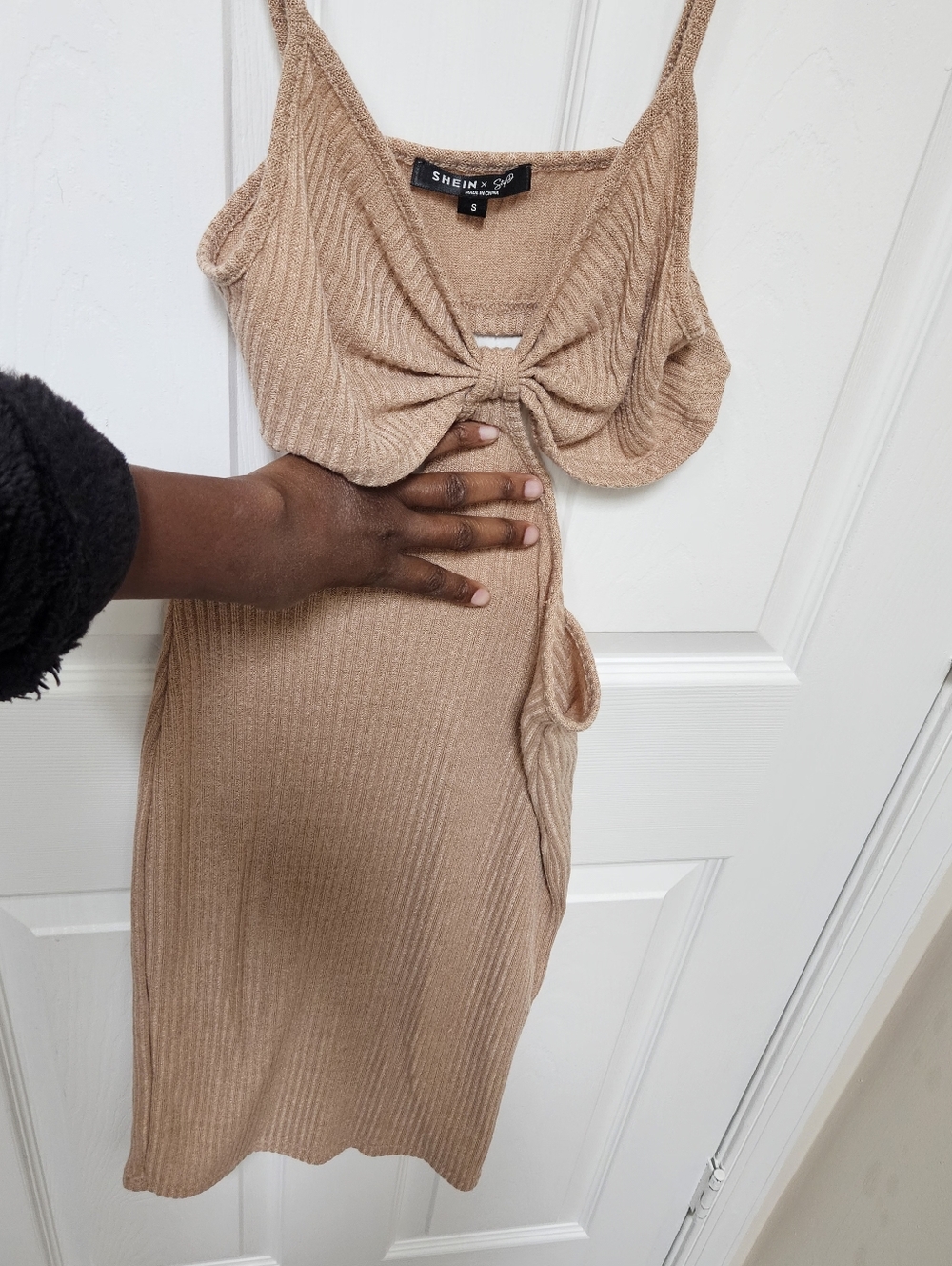 SHEIN Beige Taupe Ribbed Tie-Front Midi Dress